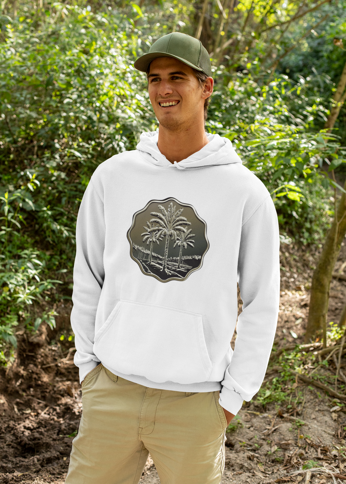 Palm Tree Badge Hoodie — Vintage Tropical Graphic Hooded Sweatshirt