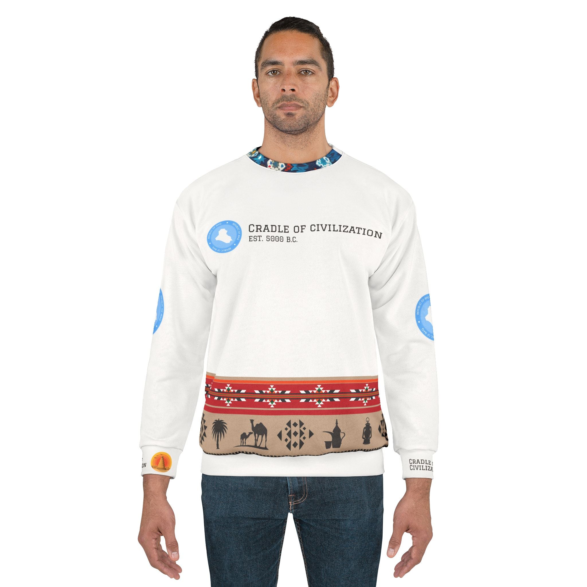 Cradle of Civilization Sweatshirt — Ancient Mesopotamia Tower Graphic AOP